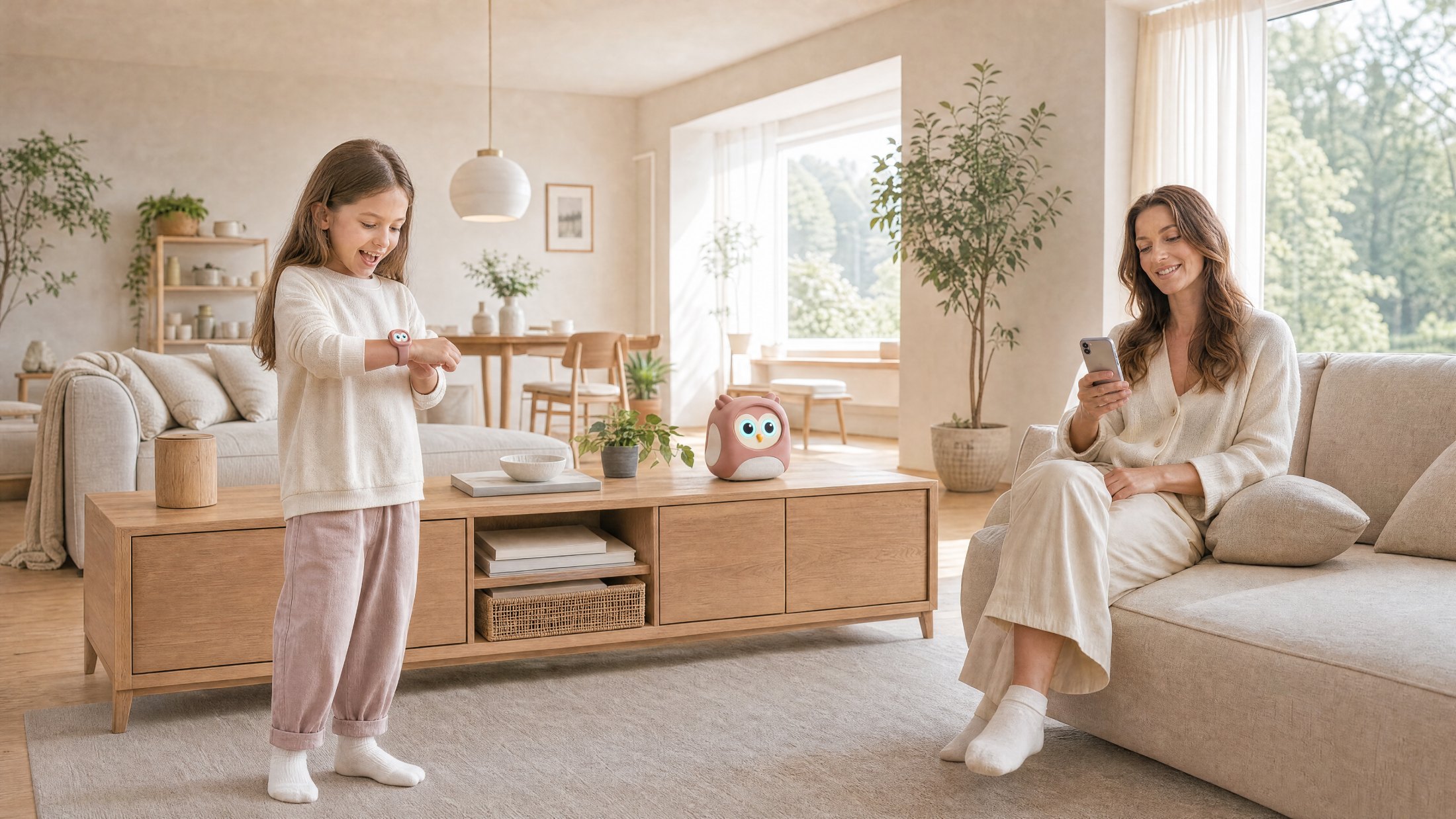 Fello-Szene: Wohnzimmer mit Kind, Fello-Go am Handgelenk, Fello-Home auf dem Sideboard, Mutter mit App